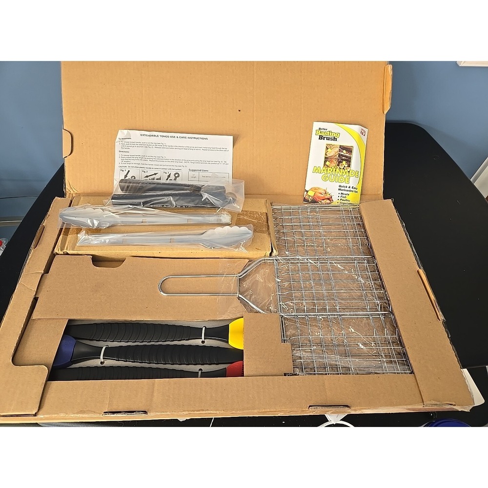 New Stainless Steel BBQ Fish Grill Basket Cage Basting Brush Tong Set